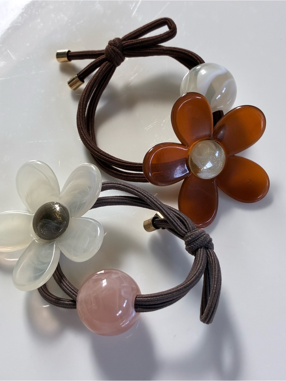 Floral Resin Hair Tie Set - Brown & White Accents- Hair Accessories